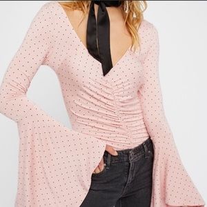 Free People bell sleeve pink polka dot top